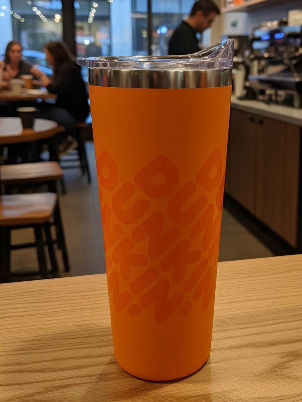 Dunkin' 20 oz Insulated Stainless Steel Tumbler, vibrant orange soft touch grip.